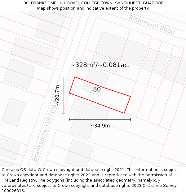 80, BRANKSOME HILL ROAD, COLLEGE TOWN, SANDHURST, GU47 0QF: Plot and title map