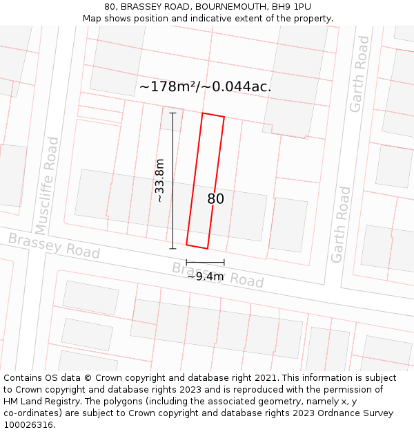 80, BRASSEY ROAD, BOURNEMOUTH, BH9 1PU: Plot and title map