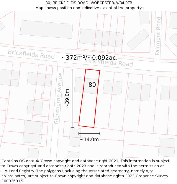 80, BRICKFIELDS ROAD, WORCESTER, WR4 9TR: Plot and title map