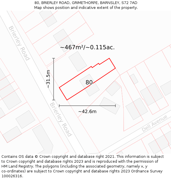80, BRIERLEY ROAD, GRIMETHORPE, BARNSLEY, S72 7AD: Plot and title map
