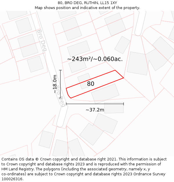 80, BRO DEG, RUTHIN, LL15 1XY: Plot and title map