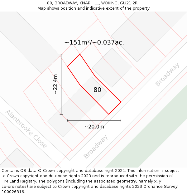 80, BROADWAY, KNAPHILL, WOKING, GU21 2RH: Plot and title map