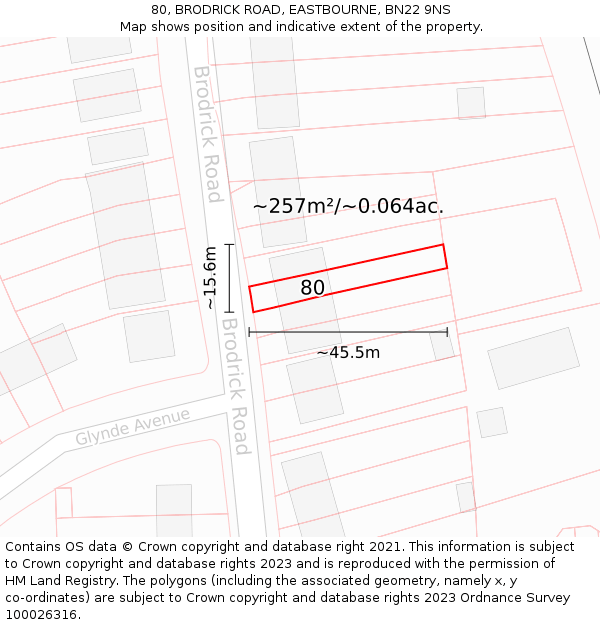 80, BRODRICK ROAD, EASTBOURNE, BN22 9NS: Plot and title map