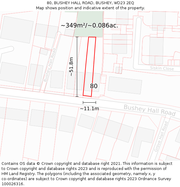 80, BUSHEY HALL ROAD, BUSHEY, WD23 2EQ: Plot and title map