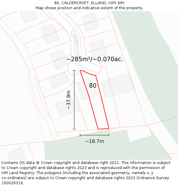 80, CALDERCROFT, ELLAND, HX5 9AY: Plot and title map
