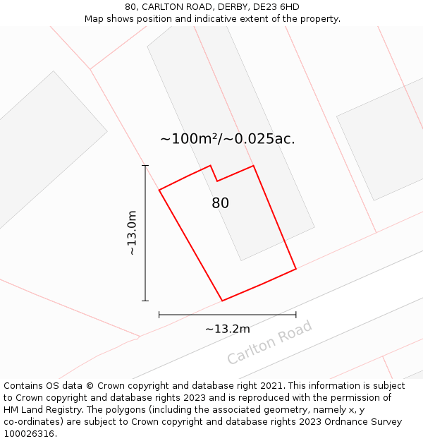 80, CARLTON ROAD, DERBY, DE23 6HD: Plot and title map