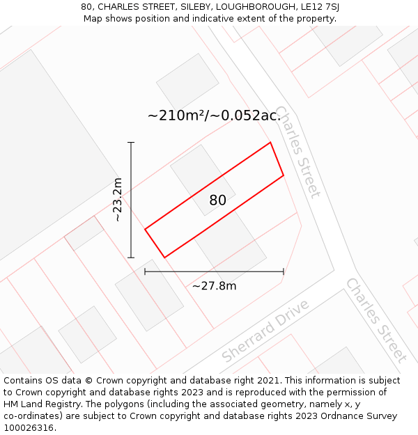 80, CHARLES STREET, SILEBY, LOUGHBOROUGH, LE12 7SJ: Plot and title map