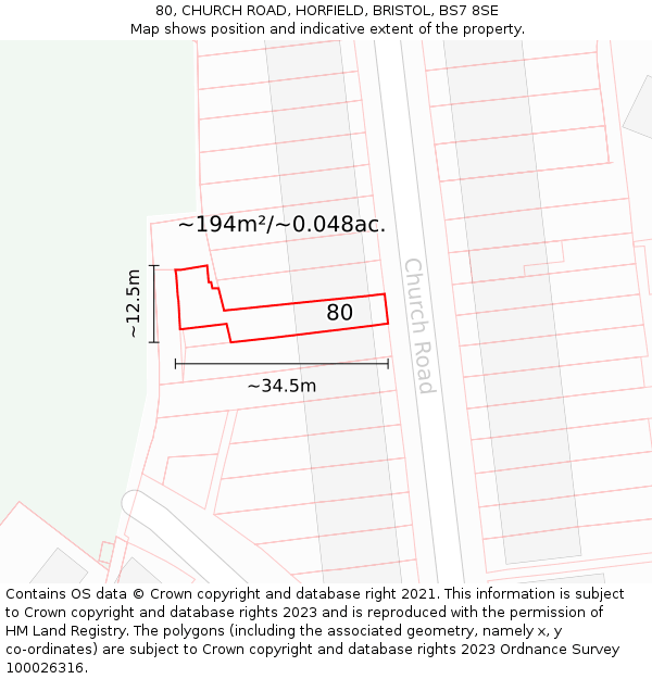80, CHURCH ROAD, HORFIELD, BRISTOL, BS7 8SE: Plot and title map