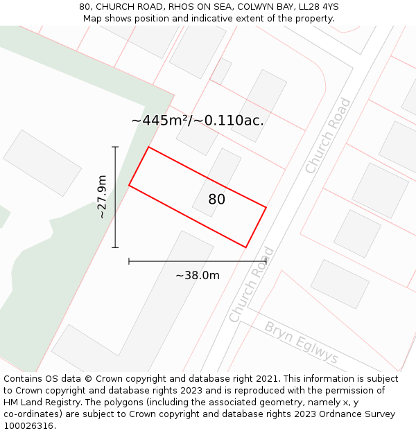 80, CHURCH ROAD, RHOS ON SEA, COLWYN BAY, LL28 4YS: Plot and title map