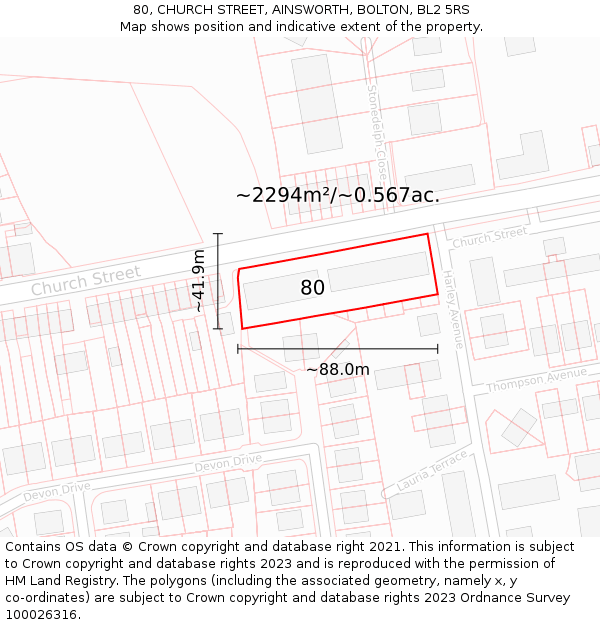 80, CHURCH STREET, AINSWORTH, BOLTON, BL2 5RS: Plot and title map