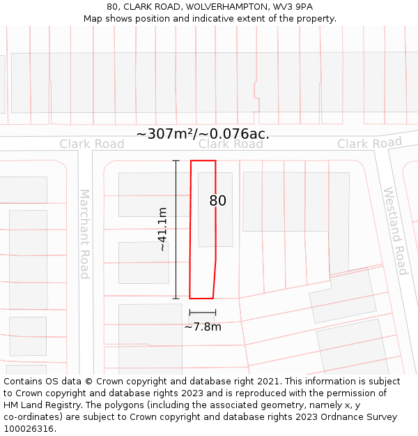 80, CLARK ROAD, WOLVERHAMPTON, WV3 9PA: Plot and title map