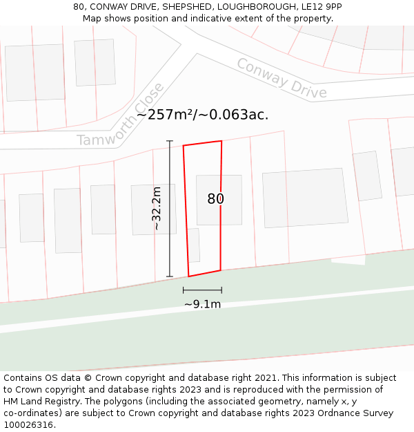 80, CONWAY DRIVE, SHEPSHED, LOUGHBOROUGH, LE12 9PP: Plot and title map