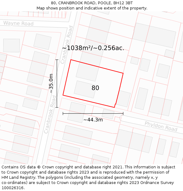80, CRANBROOK ROAD, POOLE, BH12 3BT: Plot and title map