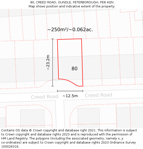 80, CREED ROAD, OUNDLE, PETERBOROUGH, PE8 4QN: Plot and title map