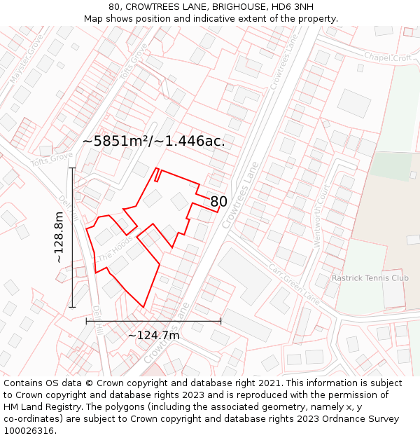 80, CROWTREES LANE, BRIGHOUSE, HD6 3NH: Plot and title map