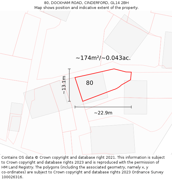 80, DOCKHAM ROAD, CINDERFORD, GL14 2BH: Plot and title map