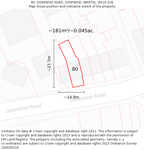 80, DOWNEND ROAD, DOWNEND, BRISTOL, BS16 5UE: Plot and title map
