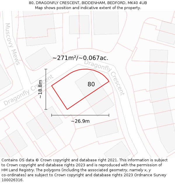 80, DRAGONFLY CRESCENT, BIDDENHAM, BEDFORD, MK40 4UB: Plot and title map