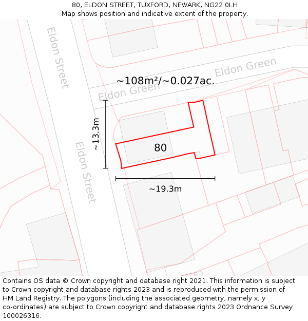 80, ELDON STREET, TUXFORD, NEWARK, NG22 0LH: Plot and title map