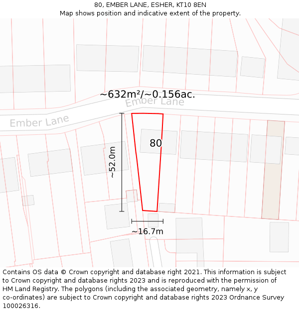 80, EMBER LANE, ESHER, KT10 8EN: Plot and title map