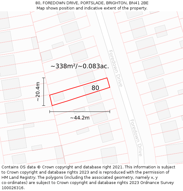 80, FOREDOWN DRIVE, PORTSLADE, BRIGHTON, BN41 2BE: Plot and title map