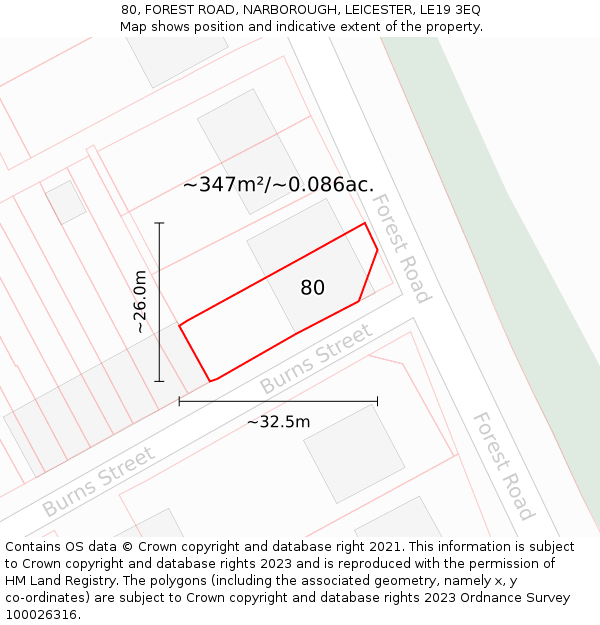 80, FOREST ROAD, NARBOROUGH, LEICESTER, LE19 3EQ: Plot and title map