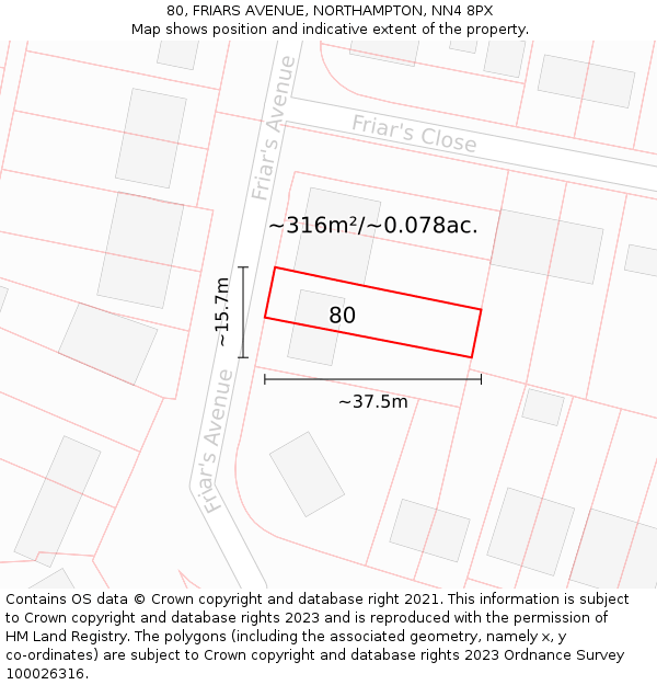 80, FRIARS AVENUE, NORTHAMPTON, NN4 8PX: Plot and title map