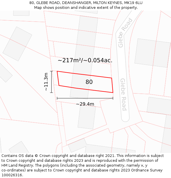 80, GLEBE ROAD, DEANSHANGER, MILTON KEYNES, MK19 6LU: Plot and title map