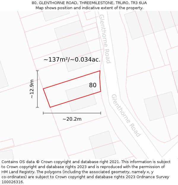 80, GLENTHORNE ROAD, THREEMILESTONE, TRURO, TR3 6UA: Plot and title map