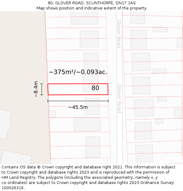 80, GLOVER ROAD, SCUNTHORPE, DN17 1AS: Plot and title map