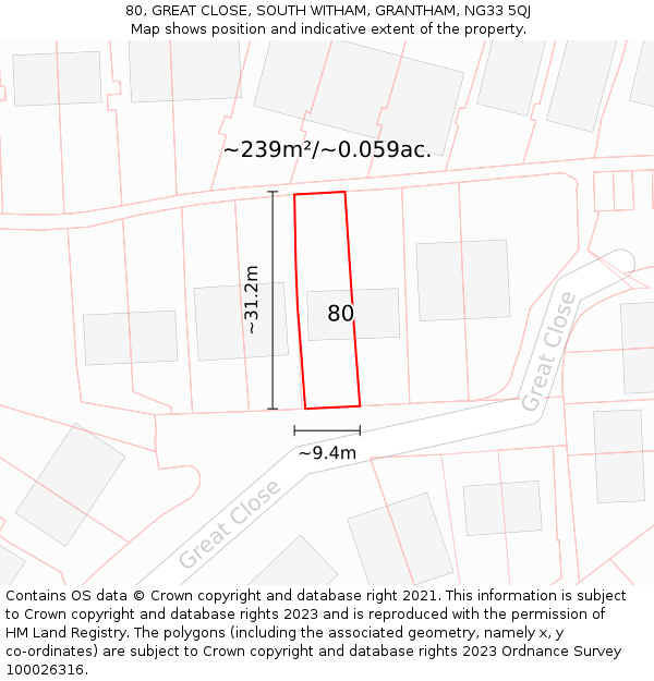 80, GREAT CLOSE, SOUTH WITHAM, GRANTHAM, NG33 5QJ: Plot and title map