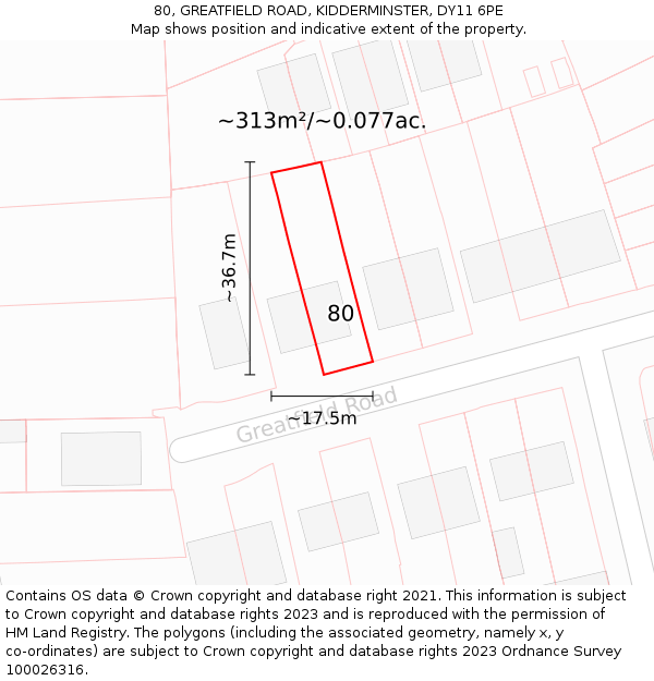 80, GREATFIELD ROAD, KIDDERMINSTER, DY11 6PE: Plot and title map