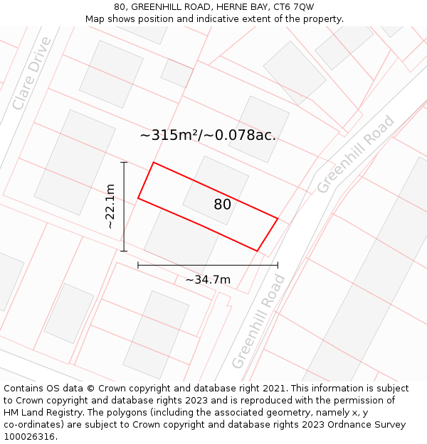 80, GREENHILL ROAD, HERNE BAY, CT6 7QW: Plot and title map