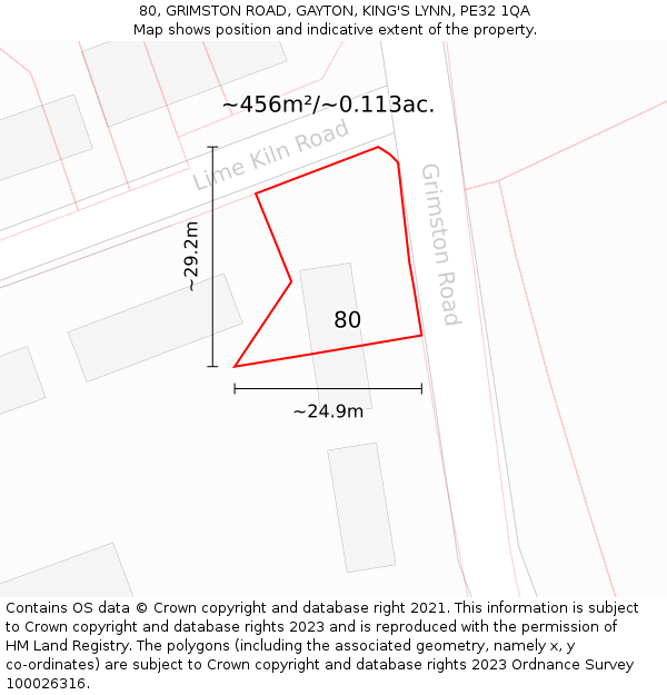 80, GRIMSTON ROAD, GAYTON, KING'S LYNN, PE32 1QA: Plot and title map