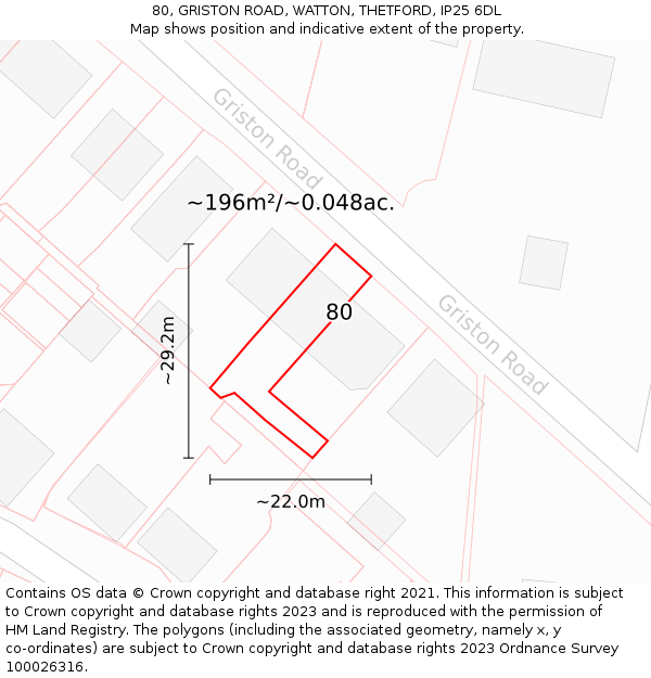 80, GRISTON ROAD, WATTON, THETFORD, IP25 6DL: Plot and title map