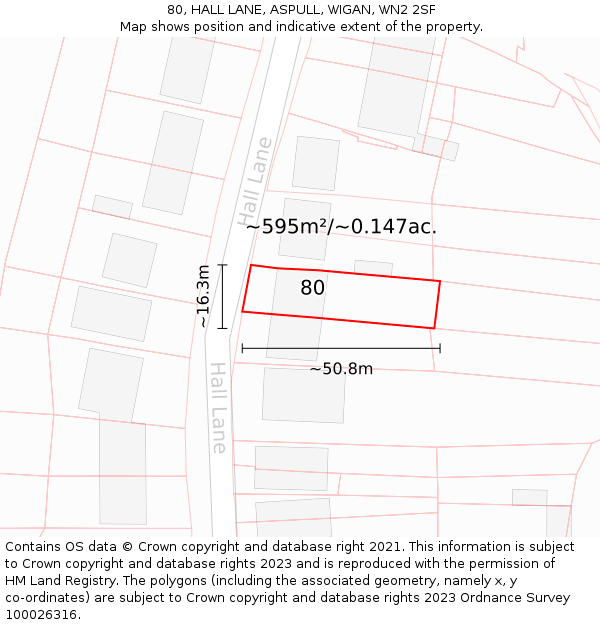 80, HALL LANE, ASPULL, WIGAN, WN2 2SF: Plot and title map