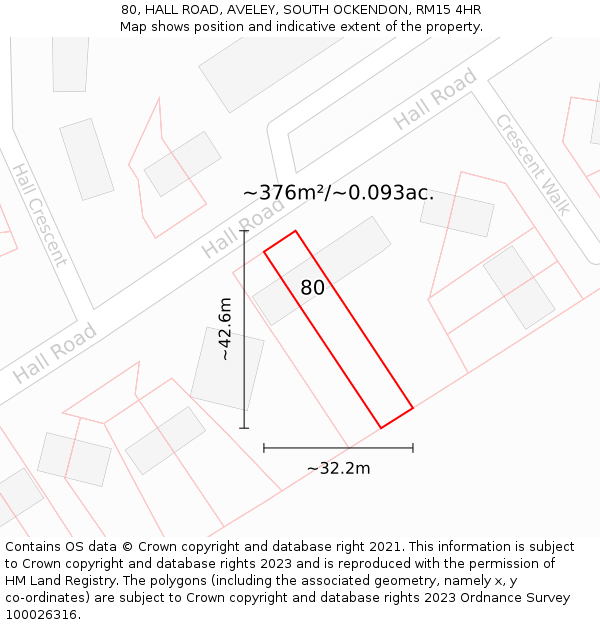 80, HALL ROAD, AVELEY, SOUTH OCKENDON, RM15 4HR: Plot and title map