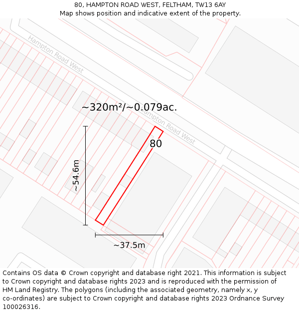 80, HAMPTON ROAD WEST, FELTHAM, TW13 6AY: Plot and title map