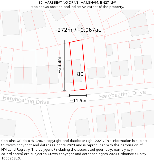 80, HAREBEATING DRIVE, HAILSHAM, BN27 1JW: Plot and title map