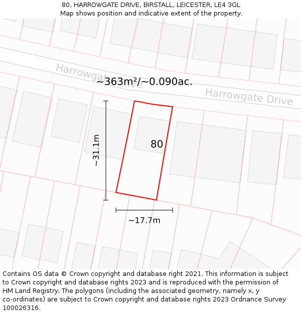 80, HARROWGATE DRIVE, BIRSTALL, LEICESTER, LE4 3GL: Plot and title map