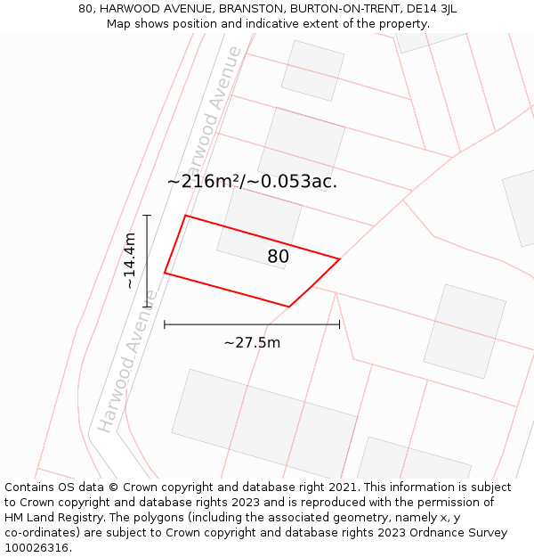 80, HARWOOD AVENUE, BRANSTON, BURTON-ON-TRENT, DE14 3JL: Plot and title map