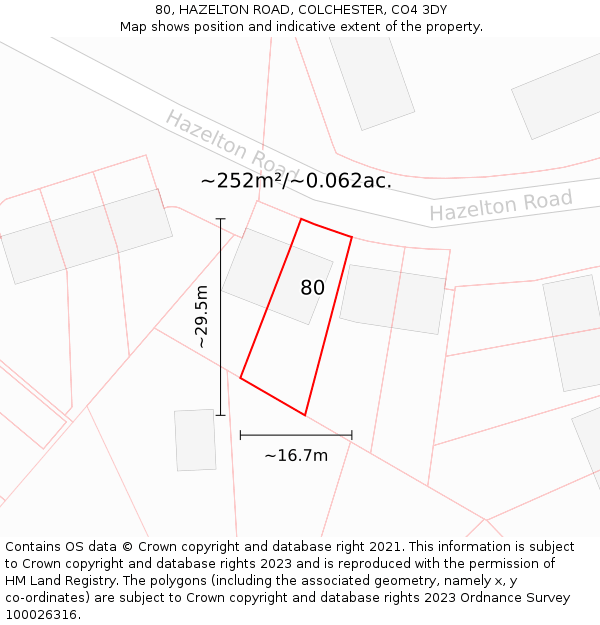 80, HAZELTON ROAD, COLCHESTER, CO4 3DY: Plot and title map