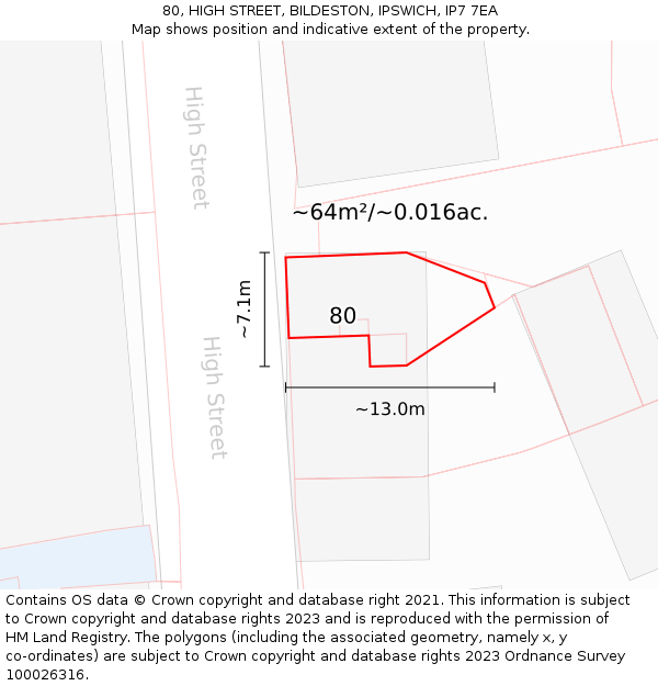 80, HIGH STREET, BILDESTON, IPSWICH, IP7 7EA: Plot and title map