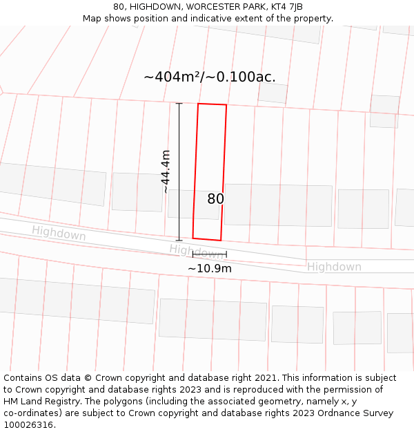 80, HIGHDOWN, WORCESTER PARK, KT4 7JB: Plot and title map
