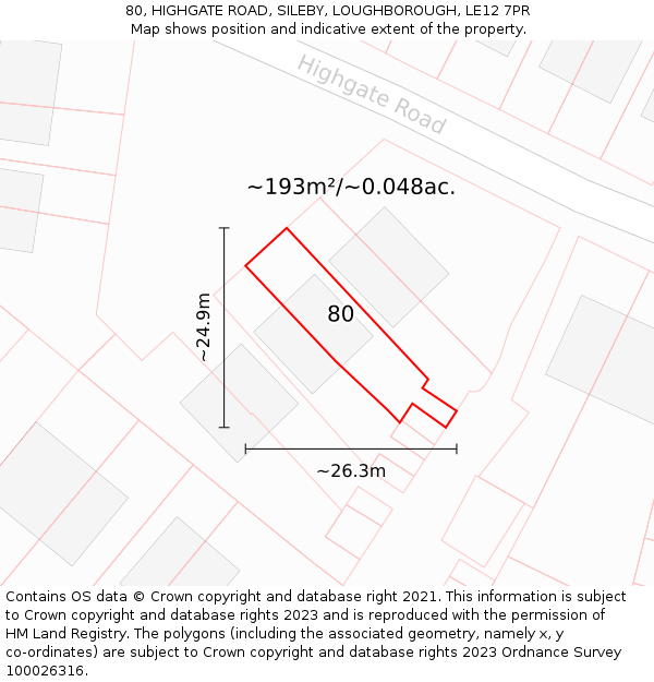 80, HIGHGATE ROAD, SILEBY, LOUGHBOROUGH, LE12 7PR: Plot and title map