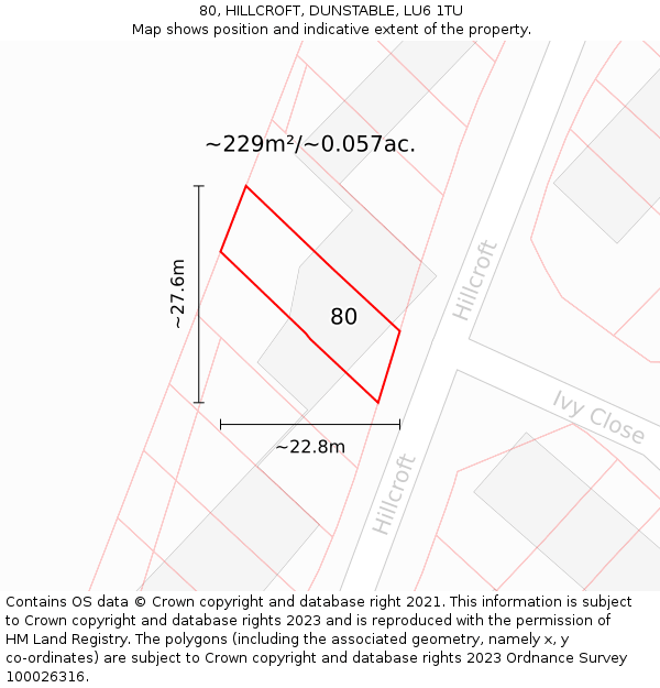 80, HILLCROFT, DUNSTABLE, LU6 1TU: Plot and title map