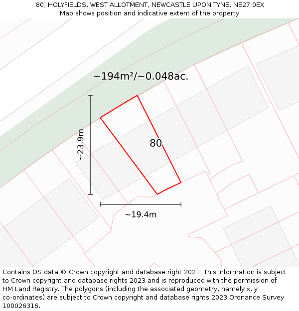 80, HOLYFIELDS, WEST ALLOTMENT, NEWCASTLE UPON TYNE, NE27 0EX: Plot and title map