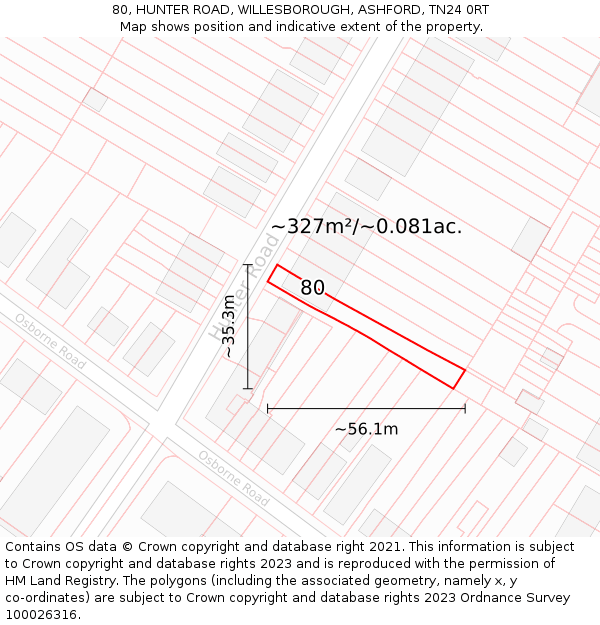 80, HUNTER ROAD, WILLESBOROUGH, ASHFORD, TN24 0RT: Plot and title map