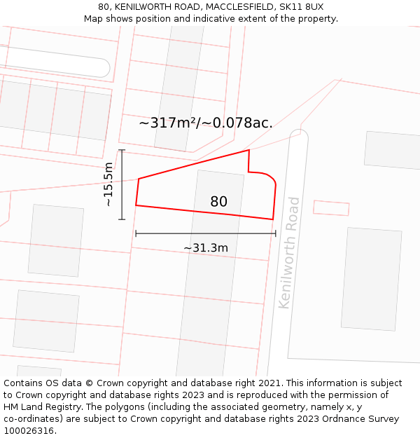 80, KENILWORTH ROAD, MACCLESFIELD, SK11 8UX: Plot and title map