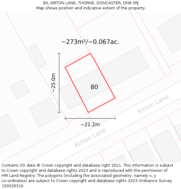 80, KIRTON LANE, THORNE, DONCASTER, DN8 5RJ: Plot and title map